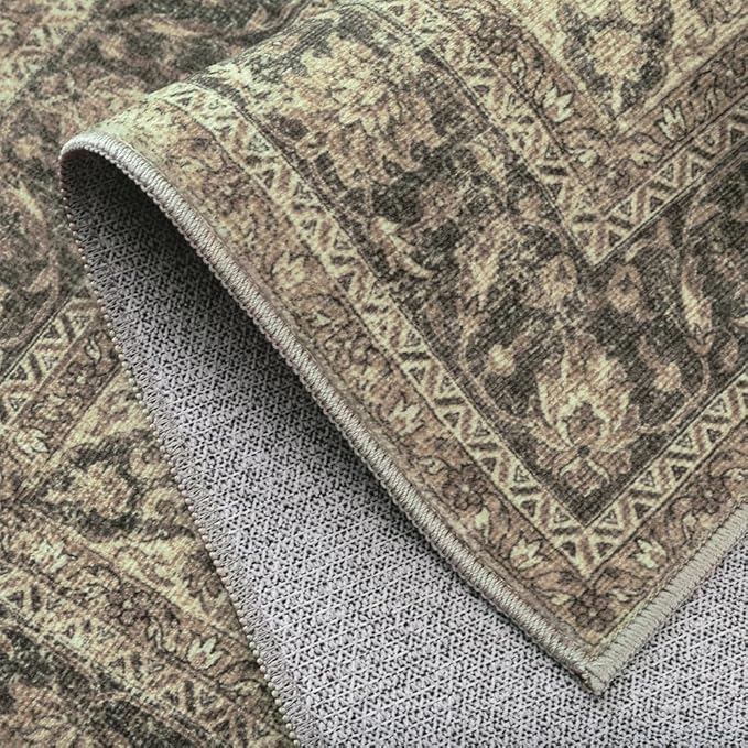 3x10 Washable Brown Runner Rug Vintage Hallway Kitchen Carpet Non-Slip Soft Low Pile Distressed Throw Rug for Bedroom Bathroom Laundry Living Room