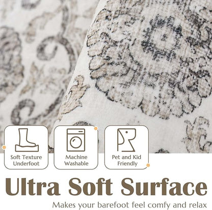 jinchan Floral Area Rugs 4x6 - Machine Washable Vintage Distressed Boho Design Throw Rug Stain Resistant Carpet Low Pile Ultra-Thin Non-Slip for Bedroom Living Room Dining Room Kitchen (4‘x6', Beige)