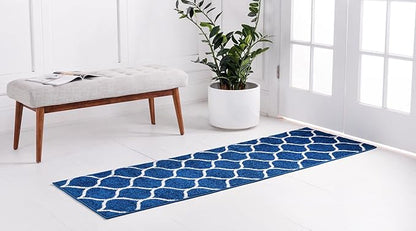 Rugs.com Lattice Frieze Collection Rug – 2' x 6' Runner Navy Blue Medium Rug Perfect for Living Rooms, Large Dining Rooms, Open Floorplans
