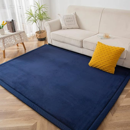 MAXYOYO Black Coral Velvet Area Rug, Thick Japanese Tatami Mat Living Room Carpet with Non-Slip Backing, Large Solid Color Mat for Bedroom Dormitory Yoga, 49 by 49 inch