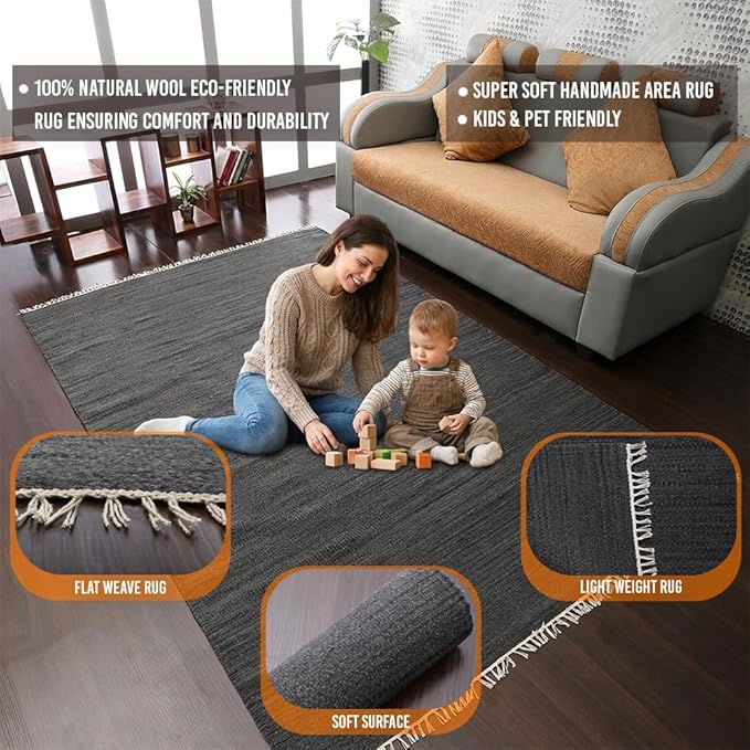 Rugsotic Carpets Hand Woven Flat Weave Kilim Wool ECO-Friendly Area Rugs - 9'x12', Rectangle Shape, Charcoal Color, Solid Plain Design, Low Pile Handmade Rugs for Living Room, Bed Room (D00111)