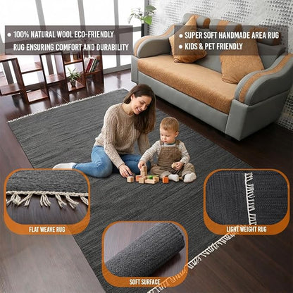 Rugsotic Carpets Hand Woven Flat Weave Kilim Wool ECO-Friendly Area Rugs - 9'x12', Rectangle Shape, Charcoal Color, Solid Plain Design, Low Pile Handmade Rugs for Living Room, Bed Room (D00111)