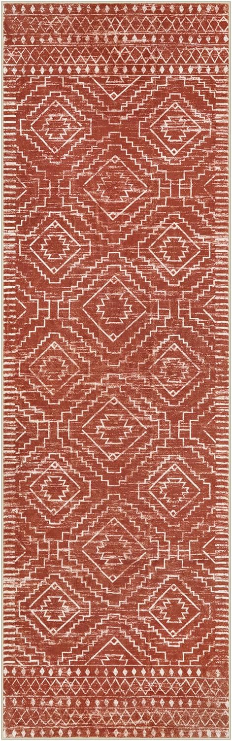 Wonnitar Moroccan 2'6"x8' Hallway Runner Rug, Washable Long Farmhouse Laundry Room Rug Runner, Non-Skid Boho Tribal Geometric Floor Carpet Runners for Kitchen Entrance Bathroom (Brown,2'6"x8')