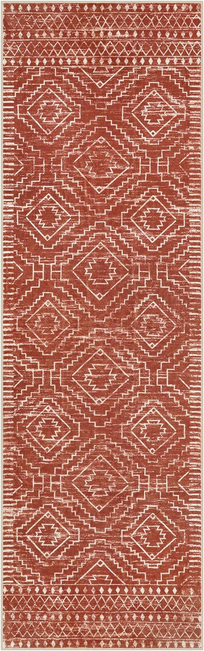 Wonnitar Moroccan 2'6"x8' Hallway Runner Rug, Washable Long Farmhouse Laundry Room Rug Runner, Non-Skid Boho Tribal Geometric Floor Carpet Runners for Kitchen Entrance Bathroom (Brown,2'6"x8')