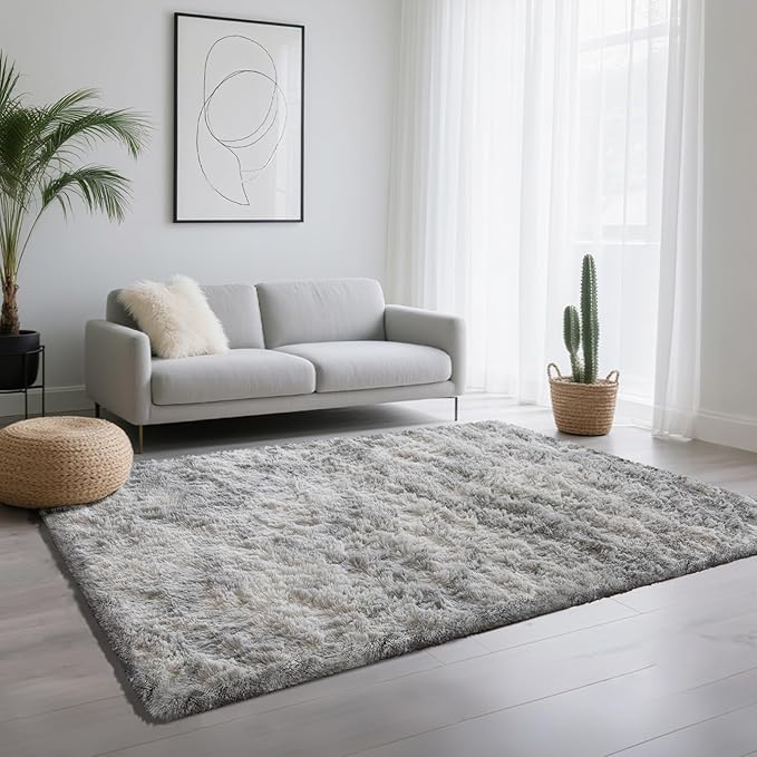 4x6 Area Rugs for Living Room Bedroom, Soft Fluffy Shaggy Bedside Rug, Indoor Floor Carpet for Kids Playroom, Dorms, Nursery Rooms, Home Decor (Tie-Dyed Light Grey 4'x6')
