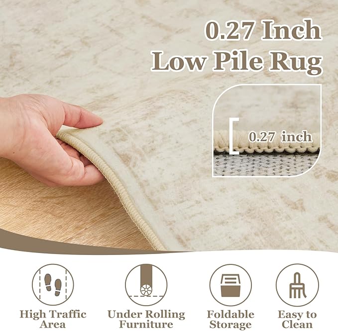 Distressed Beige Rugs for Living Room 6x9, Low Pile Thin Area Rugs for Bedroom Manchine Washable Non Slip, Natural Farmhouse Medallion Pinted Carpet for Dining Room Guest Room Home Office