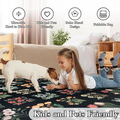 Wonnitar Floral Print Rug for Living Room, Black Washable 5x7 Area Rugs, Ultra-Thin Non Slip Stain Resistant Bedroom Carpet for Dining Room Playroom Office Dorm, Black/Multi