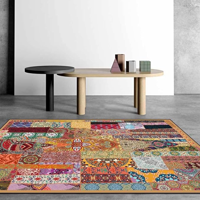 Vintage Boho Area Rugs Multicolor Ethnic Style Geometric Splicing Carpets Bedroom Living Room Kitchen Floor Mats Indoor Outdoor Non-Shedding Runner Rug Home Décor Carpet 3' X 3'