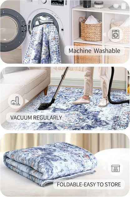COMSLE Washable Door Mat, Front Door Mat Indoor Faux Wool Absorbent Small Rugs for Entryway Distressed Throw Rug Non-Slip Accent Floor Carpet for Entrance Bedroom, 24X48 Inches Blue