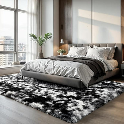 Zentavio Black and White Area Rugs for Living Room Large Rugs for Bedroom 5x8 Soft Carpet Fluffy Furry Shag Aesthetic Plush High Pile Gray Throw Rug for Nursery Kids Room Dorm Tie-Dyed