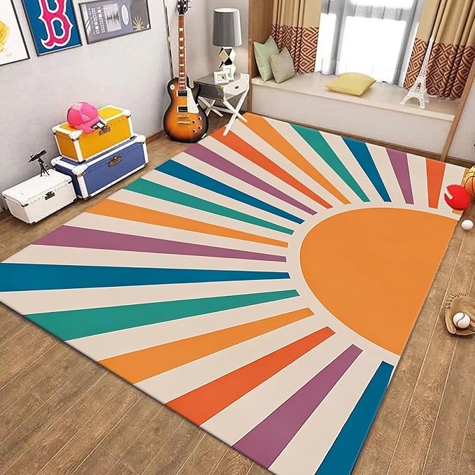 Rainbow Sun Area Rug,3x4ft,Colorful Boho Style Rug, Non-Slip Machine Washable Easy Care Carpet for Kids Girls Boys Bedroom, Living Room, Classroom, Office Decor