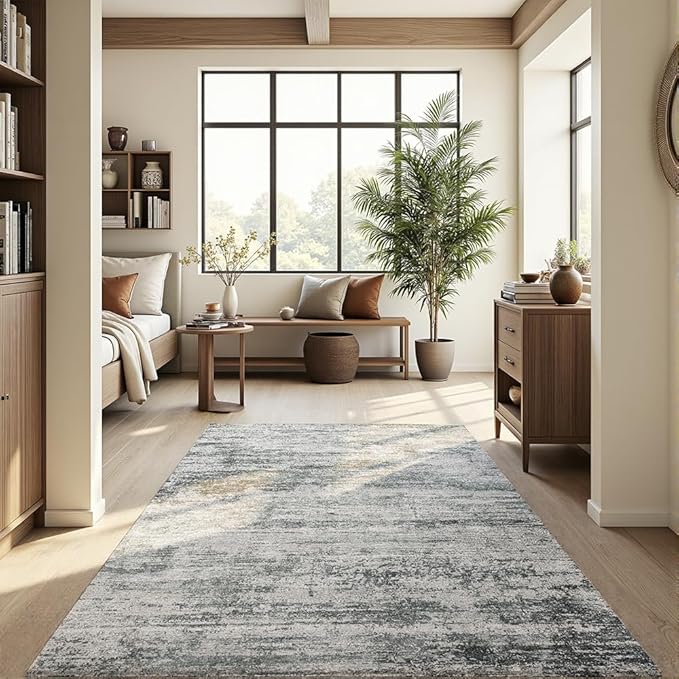 Area Rug 4x6 Washable Rug Grey for Living Room, Dining Room, Bedroom, Large Carpets, Non Slip & Non-Shedding Low Pile Vintage Print Rug for Home Office Decor