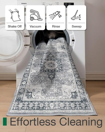 LUMI Runner Rug 3x7, Washable Non-Slip Hallway Throw Rugs, Long Soft Thin Vintage Oriental Kitchen Mats, Low-Pile Indoor Kitchen Entryway Area Rug, Dusty Blue