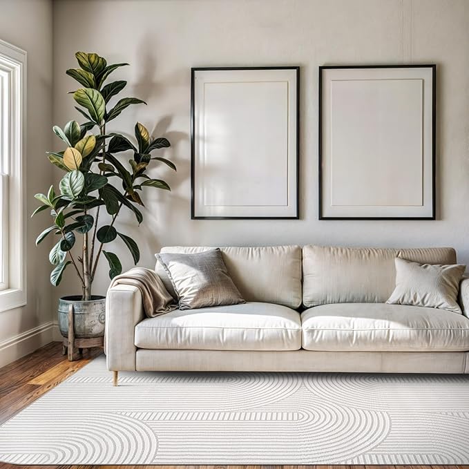 Beverly Rug Modern Geometric Area Rug 5x7 Low-High Pile Durable Soft Abstract Semi-Circles Indoor Rugs for Living Dining Room Office Stain Resistant Non Shedding Indoor Carpet Beige White 5 x 7