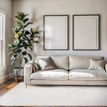 Beverly Rug Modern Geometric Area Rug 5x7 Low-High Pile Durable Soft Abstract Semi-Circles Indoor Rugs for Living Dining Room Office Stain Resistant Non Shedding Indoor Carpet Beige White 5 x 7