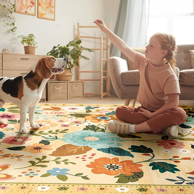 Floral 4x6 Area Rug Machine Washable Soft Print Boho Carpet Non Slip Doormat Low Pile Flower Area Rugs for Living Room Bedroom Nursery Kitchen Dining Room Indoor-Ivory/Yellow