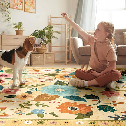 Floral 8x10 Area Rug Machine Washable Soft Print Boho Carpet Non Slip Doormat Low Pile Flower Area Rugs for Living Room Bedroom Nursery Kitchen Dining Room Indoor-Ivory/Yellow
