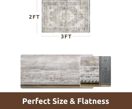AMOAMI-2X3 Small Rug-Washable Rugs Entryway Mat Indoor-Soft Vintage Non Slip Rugs for Kitchen Laundry Room Bathroom Grey Decorative Accent Rug for in Front of Sink 24 Inch x36 Inch