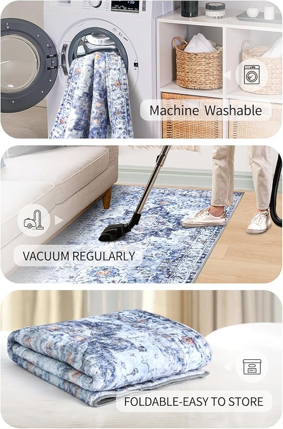 COMSLE Boho Runner Rug, 2x6 Washable Rugs for Hallway Faux Wool Small Throw Rug Distressed Kitchen Area Rug Non-Slip Laundry Room Rug Carpet Runner for Entryway Indoor Bedroom (Blue)