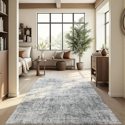 Area Rug 9x12 Washable Rug Light Grey for Living Room, Dining Room, Bedroom, Large Carpets, Non Slip & Non-Shedding Low Pile Vintage Print Rug for Home Office Decor
