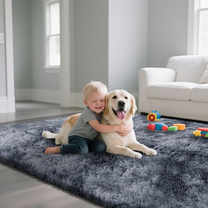 Fluffy Rug Shaggy Area Rug, Mottling Dark Grey 6x9 Area Rugs for Living Room, Large Shag Area Rugs for Bedroom Kids Room Home Decor, Upgrade Anti-Skid Rectangular Fuzzy Rugs