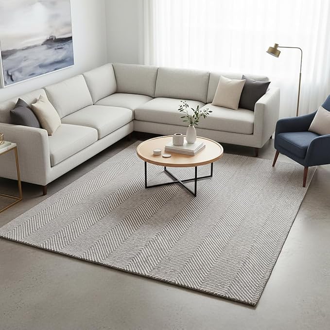 Modern Herringbone Chevron Collection Handcrafted Wool Area Rug - Durable, Zigzag Pattern, for High Traffic, Contemporary Design for Living Room, Bedroom, Dining Room Decor (Smoke Grey, 5' x 8')