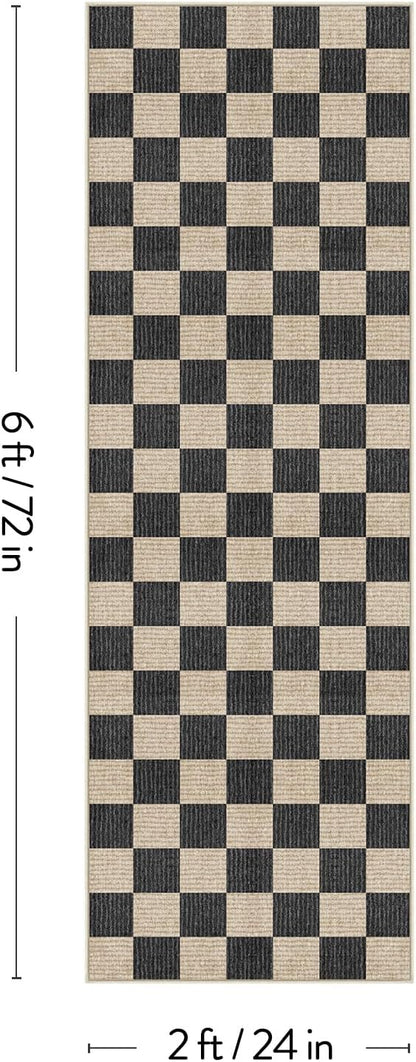 LIVEBOX Washable Runner Rug Checkered, 2x6 Black Runner Rugs for Hallway, Non-Slip Kitchen Runners, Farmhouse Neutral Classic Geometric for Hallways, Entryway, Bedroom, Bathroom(Black 2'x6')