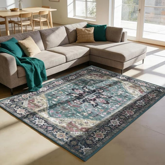 Enkor Area Soft Rugs 5x7 Washable Non Slip Boho Floor Rugs for Living Room Bedroom, Vintage Style Farmhouse Mat for Kitchen Entryway Purple & Green