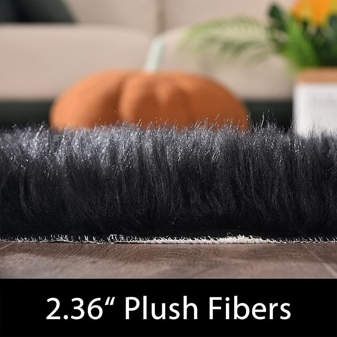 Latepis Large Black Rug Big Rugs for Bedroom 6.7x10 Area Rug Faux Sheepskin Fur Rug for Living Room Entertainment Room Office Bedroom Luxury Home Decor