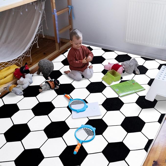 Soft Soccer Rugs for Bedroom, Machine Washable, Cute Bedside Boys Area Rug for Kids Toddlers Teens, Soccer Lovers Home Decor Indoor Carpet for Living Room, Dorms, Nursery, 4x5 FT