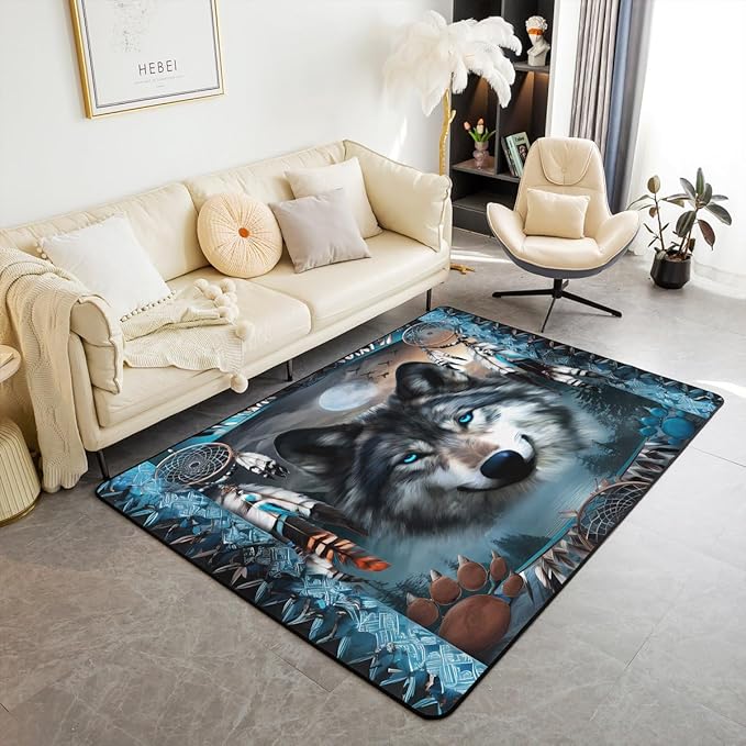 Western Wolf Large Area Rug 5x7 Bohemian Dream Catchers Living Room Rug | Woodland Animals Rugs for Bedroom, Dreamcatcher Wildlife Carpet Indoor Floor Mat
