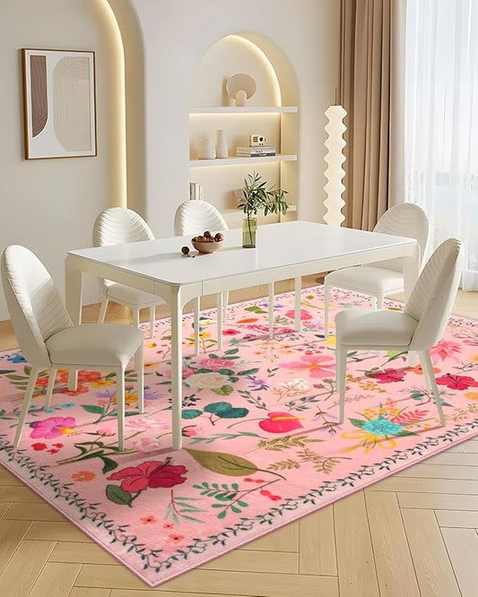 Boho Washable Area Rug 5x7 – Floral Low Pile Non-Slip Carpet for Living Room, Bedroom, Office, Playroom, Entryway, Kitchen, Dining Room (Pink)