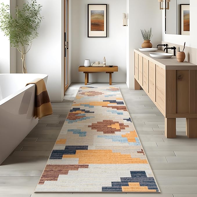 Phantoscope Washable Runner Rug 2'x8' Non-Slip, Modern Neutral Boho Hallway Rugs for Entryway, Stair, Bedroom, Abstract Geometric Blocks Pattern, Low-Pile Foldable Floor Carpet, Warm Terracotta/Cream