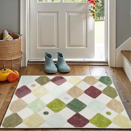 jinchan Macy Area Rug 2x3 Kids Entryway Washable Indoor Doormat Small Soft Non Slip Modern Rug Diamond Carpet for Nursery Room Bedroom Bathroom Moss on Cream