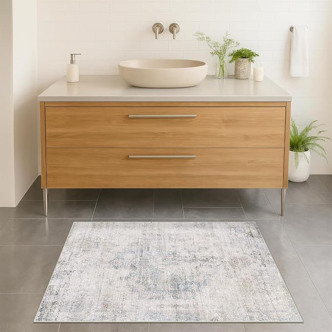 Blue and Gray 2x3 Washable Rug for Entryway Indoor, Kitchen Floor Waterproof, Bathroom, Powder Room, Non Slip Low Pile Stain & Fade Resistant Small Throw Rug, Modern Abstract Decor