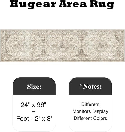HUGEAR 2x8 Runner Rug Hallway Vintage Brown Machine Washable Neutral Floral Low Pile Carpet Vacuumable Thin Long Throw Rug Bedroom Office Bathroom Kitchen Laundry Non Slip Soft Lightweight