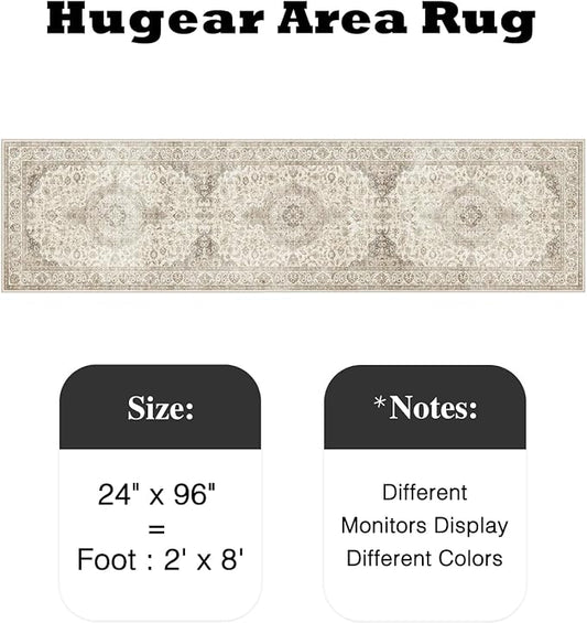 HUGEAR 2x8 Runner Rug Hallway Vintage Brown Machine Washable Neutral Floral Low Pile Carpet Vacuumable Thin Long Throw Rug Bedroom Office Bathroom Kitchen Laundry Non Slip Soft Lightweight