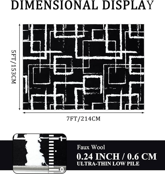 YIHOUSE Black Modern Geometric Area Rug 5x7, Black and White Rug with Abstract Rectangular Patterns,Non-Shedding Washable Rugs for Bedroom, Home Office and Small Living Room