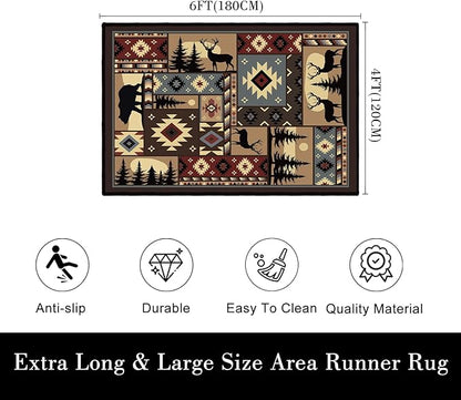 Rustic Cabin Wildlife Area Carpet for Living Room 4x6 Area Rug for Bedroom,Buffalo Plaid Bear Moose Deer Country,Vintage Throw Rug Indoor Rugs Non Slip Soft Floor Carpets Mat for Dining Room,Office