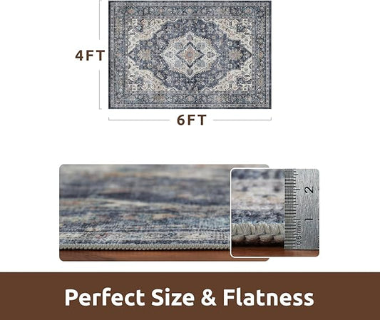 AMOAMI-4X6 Area Rugs for Living Room -Soft Vintage Bedroom Rugs-Non Slip Washable Rug-Throw for Living Room Bedroom Bedside Dining Room Office Blue