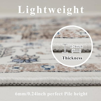Washable Area Rugs 8x10, Large Rugs for Living Room, Carpet for Bedroom, Soft Faux Wool Retro Dining Room Rug, Non-Slip Backing Resistant Low Pile Vintage Print Rug for Home Office (Taupe/Blue)