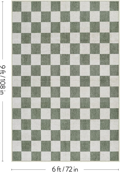 LIVEBOX Machine Washable Area Rug 6x9 Checkered, Non Slip Soft Large Bedroom Living Room Rug Farmhouse Neutral Classic Geometric Pattern Boys Rug, Indoor Carpet for Den Dorm Playroom(Sage Green,6'x9')