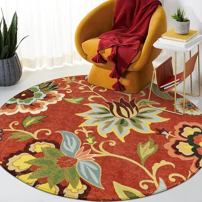 Lahome Red Floral 3 ft Round Rug, Washable Christmas Round Area Rugs Small Non Slip Entryway Mat, Throw Circle Vintage Distressed Door Mat Soft Floor Carpet for Bedroom Living Room Kitchen Office
