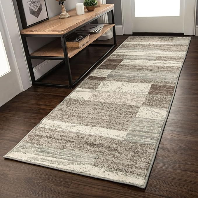 Superior Indoor Runner Rug, Jute Backed, Modern Geometric Patchwork Floor Decor for Bedroom, Office, Living Room, Entryway, Hardwood Floors, Rockwood Collection, 2' 7" x 8', Light Blue-Ivory