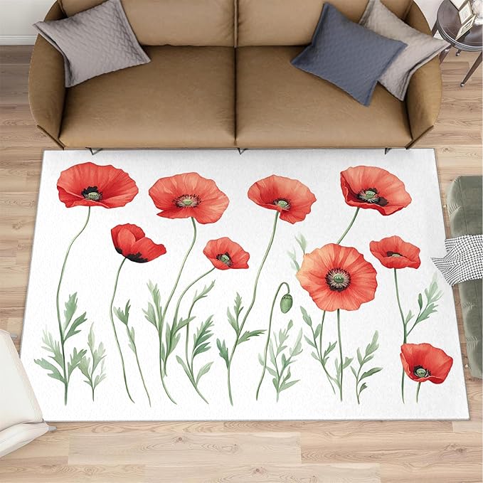 Little Red Flower Rugs for Bedroom - 3x4 Area Rug - Abstract 3D Flowers Rugs for Living Room, Modern Simple Art Rug, Non-Slip Washable Home Decor Carpet