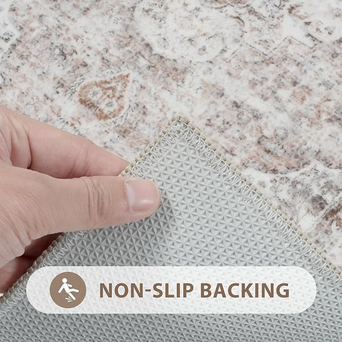 Uphome Boho Bathroom Rugs, Distressed Farmhouse Light Khaki Bath Mat, Comfy Velvet Small Bath Rugs Non Slip Washable, Vintage Oriental Toilet Rug for Sink Shower Vanity, 20x32 inch