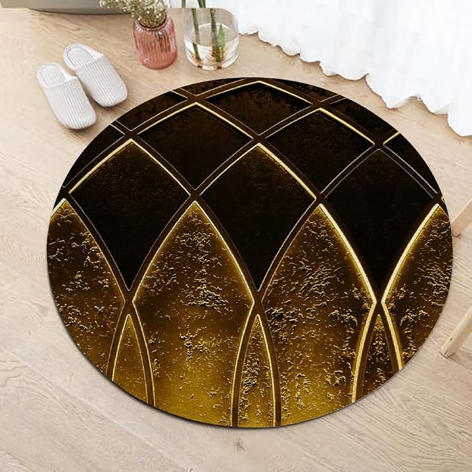 Luxury Black Gold Round Rug Vintage Golden Texture Living Room Circle Area Rugs 8ft Washable Soft Non Slip Low Pile Indoor Floor Carpet for Bedroom Office Kitchen Coffee Table