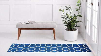 Rugs.com Lattice Frieze Collection Rug – 2' x 13' Runner Navy Blue Medium Rug Perfect for Living Rooms, Large Dining Rooms, Open Floorplans