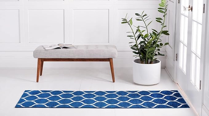 Rugs.com Lattice Frieze Collection Rug – 2' x 8' 8 Runner Navy Blue Medium Rug Perfect for Living Rooms, Large Dining Rooms, Open Floorplans