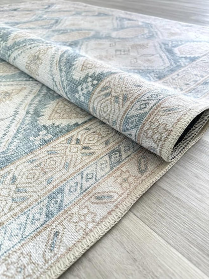 Fame Living Faded Oushak Rug, Turkish Vintage Floral Pastel Large Oversized Area Rugs for Living Room Dining Bedroom Kitchen Bathroom Nursery (848CrNv, 7'5" x 9'8")